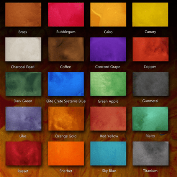 A color chart of different colors and their names.