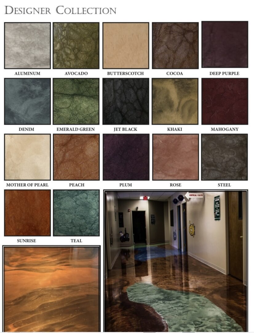 A color chart of different colors and finishes.
